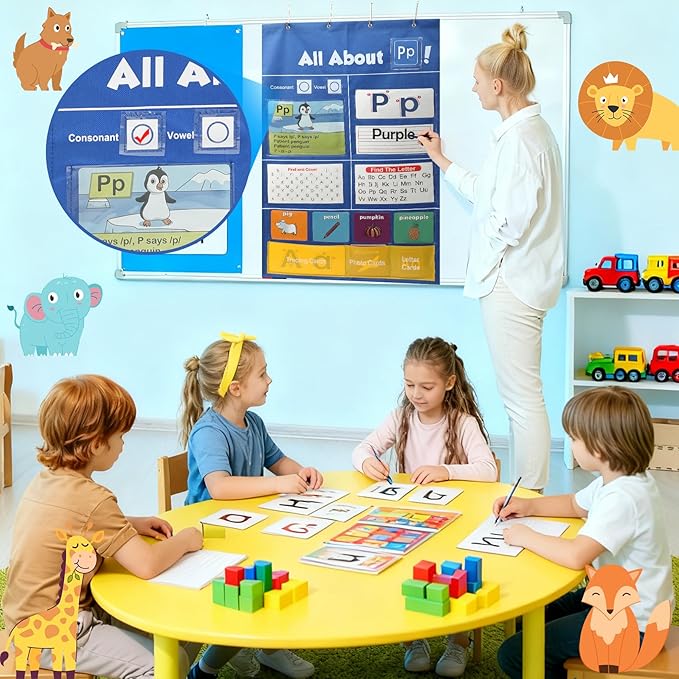 Alphabet Learning Pocket Chart, 41 * 28 Inch All About Letter Pocket Chart, ABC Letter Tracing & Sound Recognition Activity Wall Chart for Toddlers, Preschool & Homeschool Classroom Must Haves