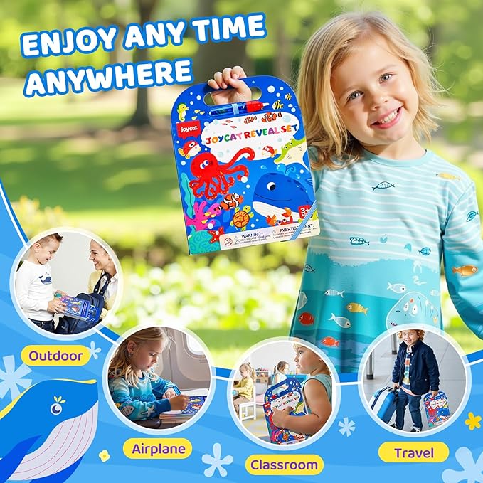 JoyCat Ocean Water Coloring Book for Toddlers 3-5, Reusable No-Mess Water Painting Book with Water Pen, 13 Activity Pages, Travel Toy Gift for Boys & Girls