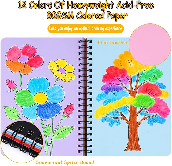 5x7in 12 Colors Paper Sketchbook, 80gsm Spiral Bound Art Journal Sketchbook, 92Sheets Acid-Free Travel Pocket Sketch Pad for Drawing, Illustration, Ideal for Most Dry Media