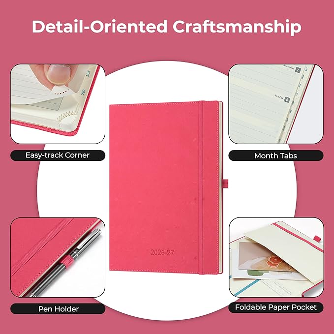 Weekly Monthly 2026-2027 Planner (July 26-Dec 27),11.5"x8.5",18 Months Agenda Plan with Month Tabs & Pocket,Expenses/Note Pages, Academic Calendar with Vegan Leather Cover,Rose Red