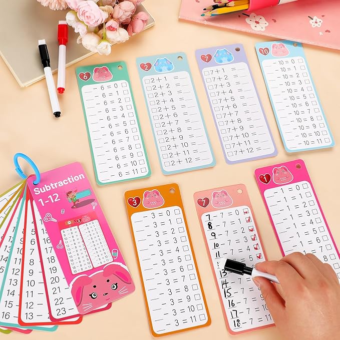 30Pcs Addition and Subtraction Flash Cards, Math Flash Card with 4 Dry Erase Pens 2 Rings, Time Table Flash Cards for 1st to 3rd Grades Fun Learning with Math Game