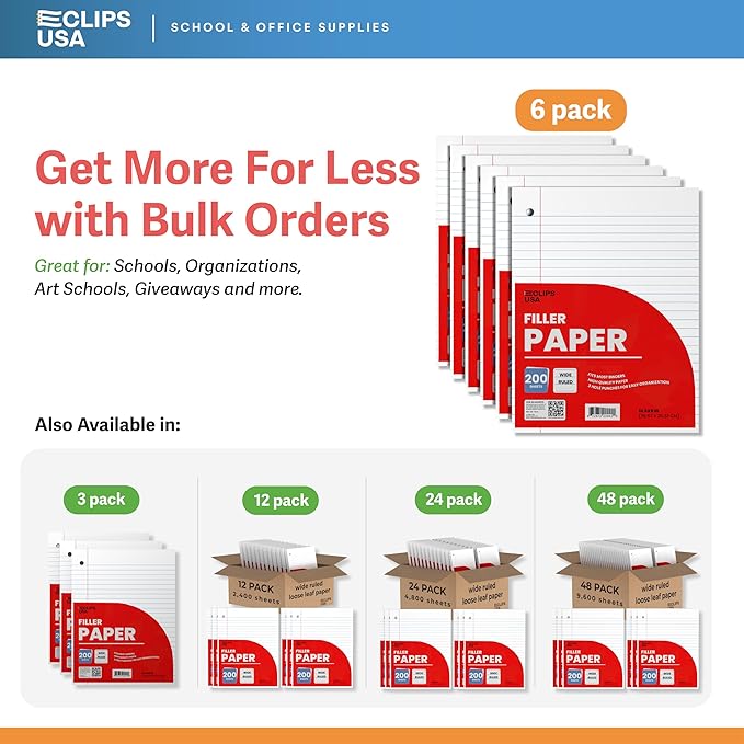 Wide Ruled Loose Leaf Paper Wide Ruled Notebook Paper Lined Writing Filler Paper 10.5” x 8” 56 gsm 1200 Sheets 200 Sheet Per Pack (6 Pack)