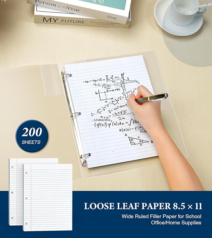 Wide Ruled Loose Leaf Paper, 200 Sheets Notebook Paper, Filler Paper 8.5 x 11 Wide Ruled Paper, 3 Hole Punch Binder Paper,Lined Paper for 3 Ring Binders, Writing Paper with Lines