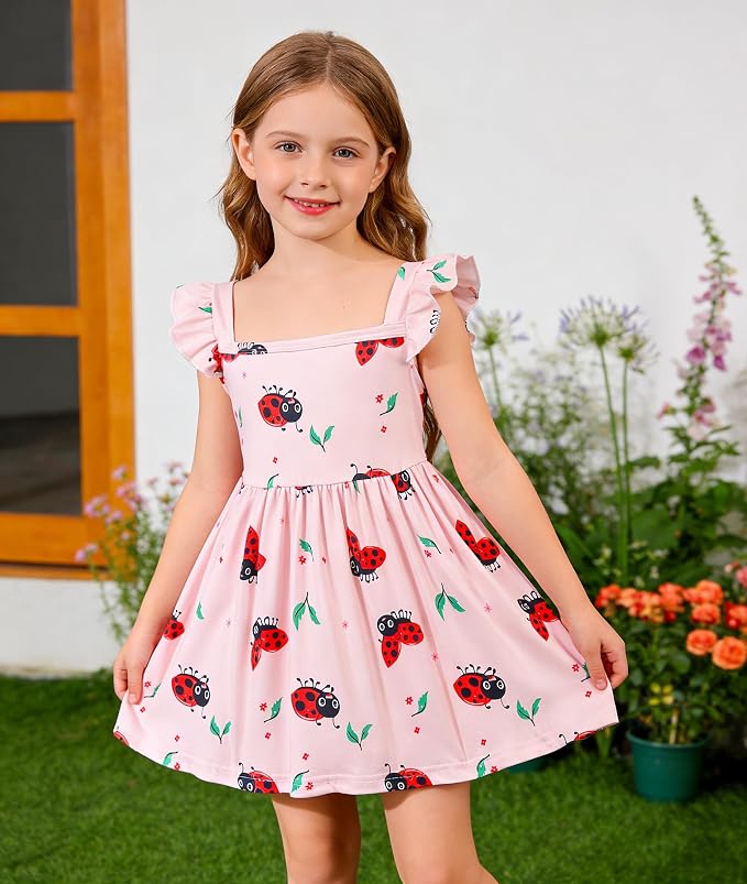 Popshion Girls Dresses Flutter Sleeve Swing Sundress Toddler Summer Clothes Kid Birthday Party Sleeveless Dress 1-8 Years Old