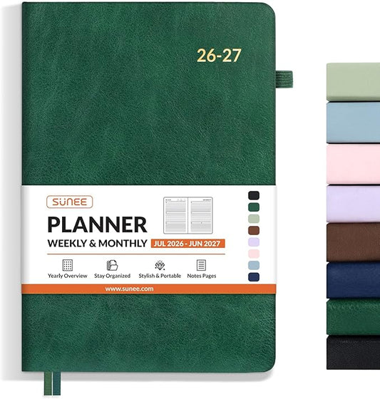SUNEE 2026-2027 Weekly & Monthly Hardcover Planner 5.5" x 8.3" - 12 Month (July 2026 - June 2027), Small Academic Year Calendar Planner, Pocket, Notes, 100 GSM Paper, Deep Green
