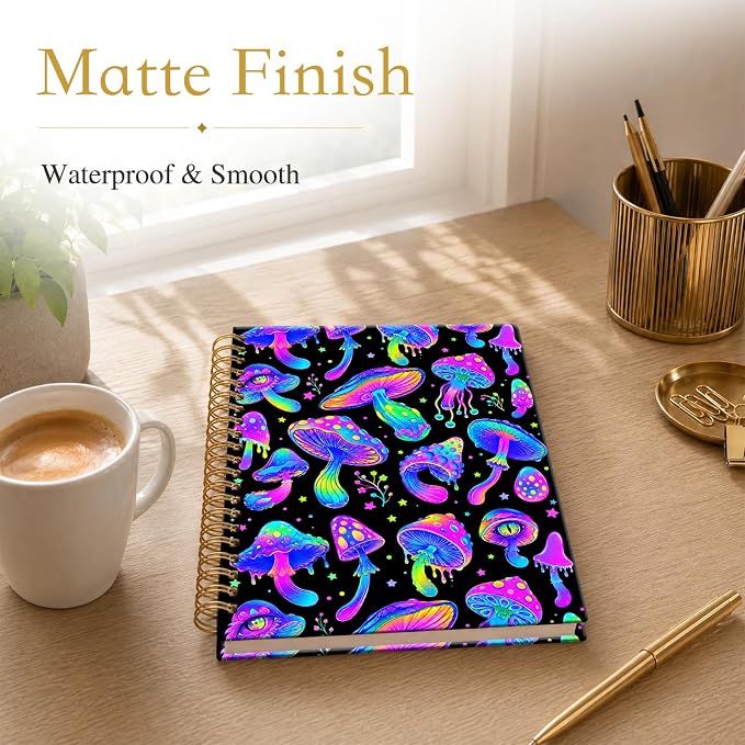 ATJFKIXL Cute Spiral Journal Notebook, A5 120 Page College Ruled Wirebound Notebook, Soft Cover for Students Office Notes and Planning - Black Neon Mushroom