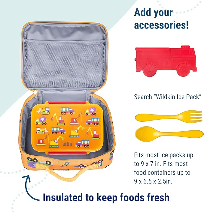 Wildkin Kids Insulated Lunch Box, Keeps Food Hot or Cold, BPA-Free with Mesh Pockets & Easy-Clean Lining – Ideal for School, Travel & Daycare – Under Construction