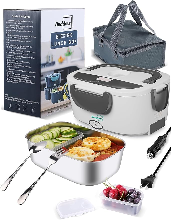 Buddew Electric Heated Lunch Box, 80W Fast Heating, 1.5L Food-Grade 304 Stainless Steel, 12V/24V/110V Portable Food Warmer for Car Truck Office Adults, Lonchera Electrica Portatil (White+Gray)