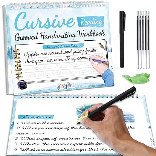 gisgfim Grooved Cursive Handwriting Workbook Magic Reusable Grooved Cursive Handwriting Practice Guided Tracing with Disappearing Ink Pens for Beginners Kids Learning Activities Supplies (Reading)