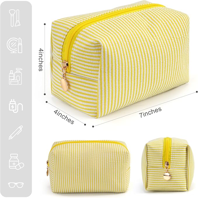 Makeup Bag Set for Women, 6PCS Travel Cosmetic Bags Pencil Case, Striped Seersucker Toiletry Organizer Pouches, Cute Makeup Pouch for Purse, Accessories and Gifts, Yellow