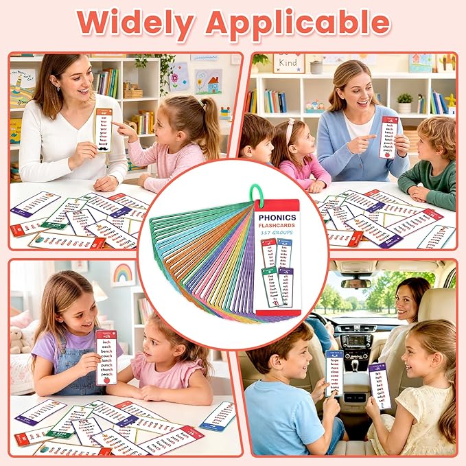 Phonics Flashcards for Kids Ages 4-8, 60 Pcs Words Phonics Word Lists Cards, 117 Phonics Groups with 900+ Rhyming Words, Early Educational Learning Games for Preschool, Kindergarten