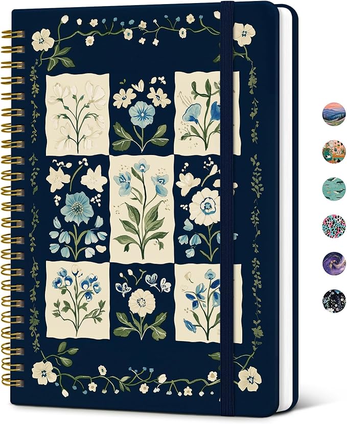 Taja Spiral Lined Journal for Women, Notebook for Work with Pretty Cover, 140 College Ruled Pages, Hardcover Notebook for Journaling, Note Taking, Bible Study, Blue Patchwork