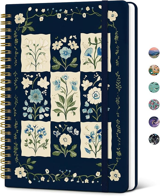 Taja Spiral Lined Journal for Women, Notebook for Work with Pretty Cover, 140 College Ruled Pages, Hardcover Notebook for Journaling, Note Taking, Bible Study, Blue Patchwork
