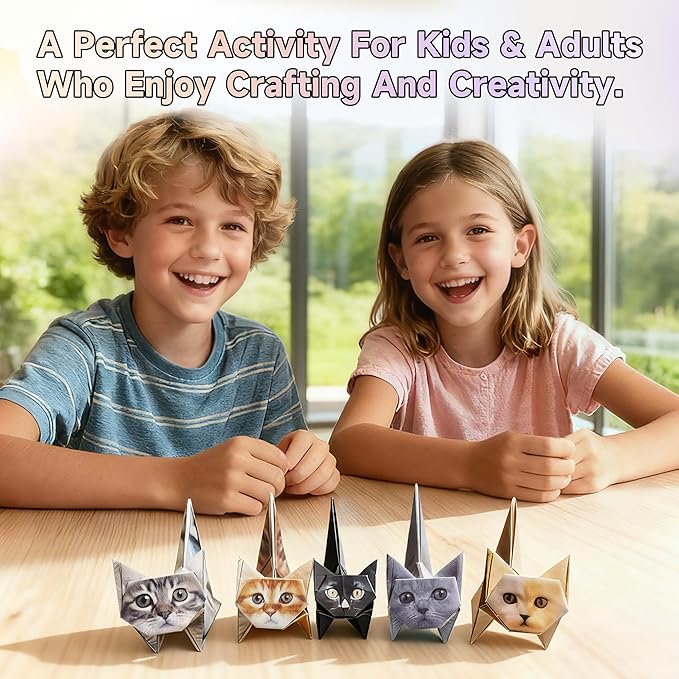 POPLOPP DIY Paper Cats Origami Kit, 50 Sheets 3D Origami Paper to Fold Cute Cat Figures, Fun Craft Activity for Kids & Adults, Desk Decor and Gift for Pet Lovers