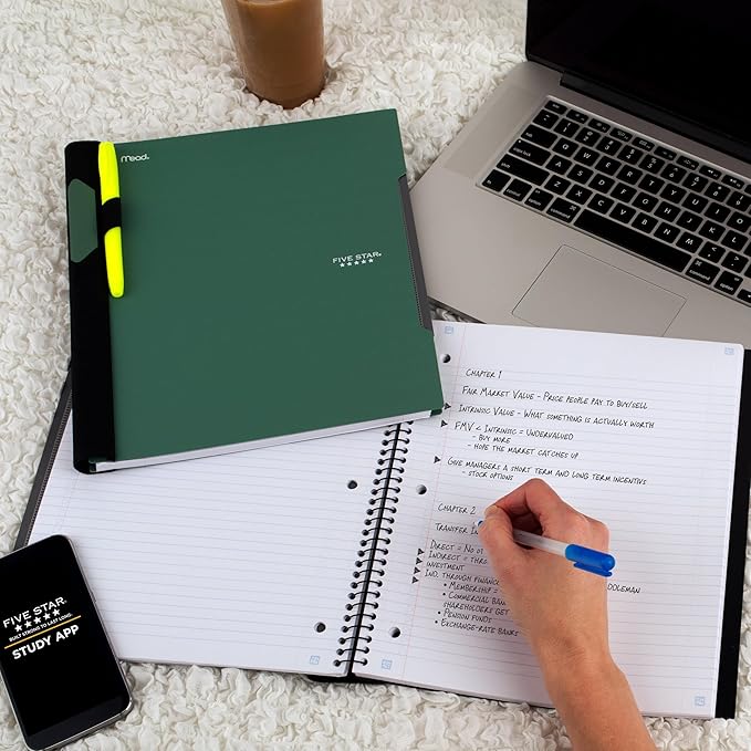 Five Star Advance Spiral Notebook + Study App, 1 Subject, College Ruled Paper, 8-1/2" x 11", 100 Sheets, Spiral Guard, Movable Tabbed Dividers, Seaglass Green (820012C-ECM)