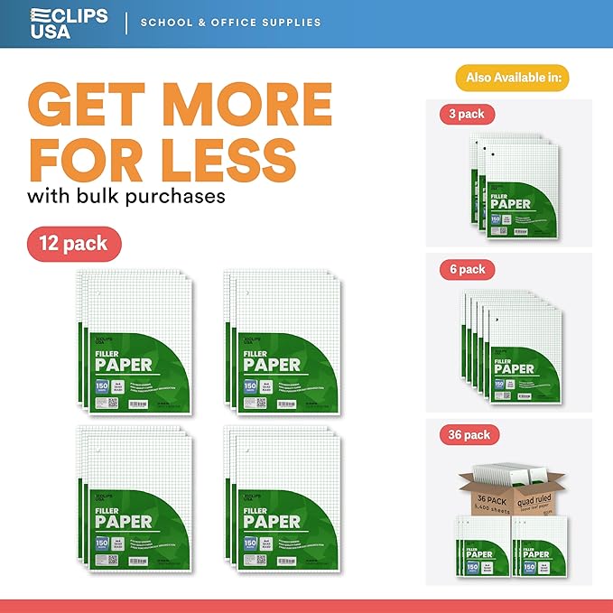 Graph Paper Loose Leaf Paper Quad Ruled Notebook Paper Quad Ruled 4” x 4” Square Lined Writing Filler Paper 10.5” x 8” 1800 Sheets 150 Sheets Per Pack 60 gsm (12 Pack)