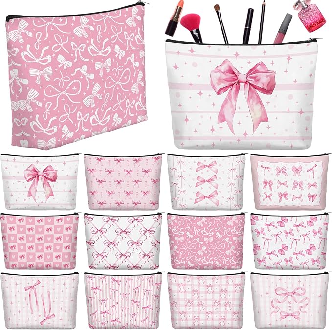 Reginary 24 Pcs Pink Bow Makeup Bags Coquette Bow Cosmetic Bags with Zippers Coquette Party Favors Pink Aesthetic Elegant Pouch Bulk Gifts for Women Stuff Christmas Birthday Supplies Travel Accessory