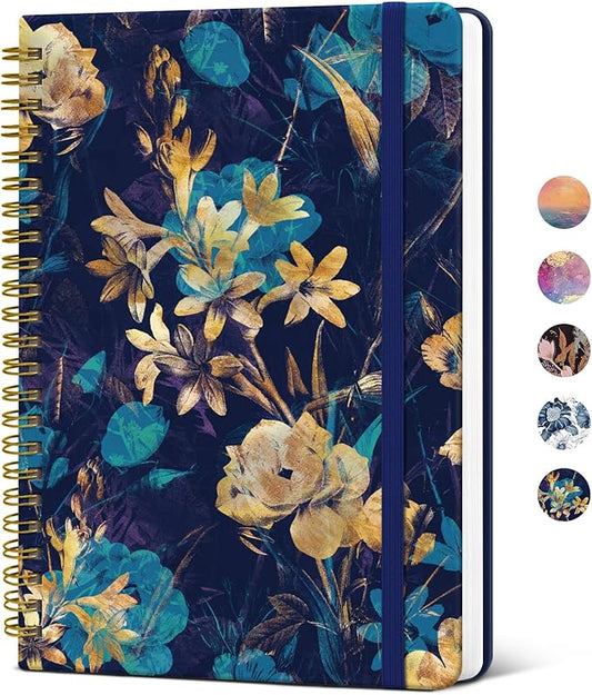 ZOTIA Lined Spiral Journal Notebook for Women, A5 College Ruled Journals for Writing, Hardcover Notebooks for Work, Note taking and Office School Supplies,140 Pages - Turquoise Flowers