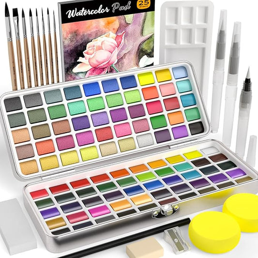 Nicpro 100 Colors Watercolor Paint Set, Metallic Macaron & Fluorescent, 8 Synthetic Squirrel Brushes, 25 Watercolor Paper, Palette, Art Supplies Kit for Artist Adult Beginner with Gift Box