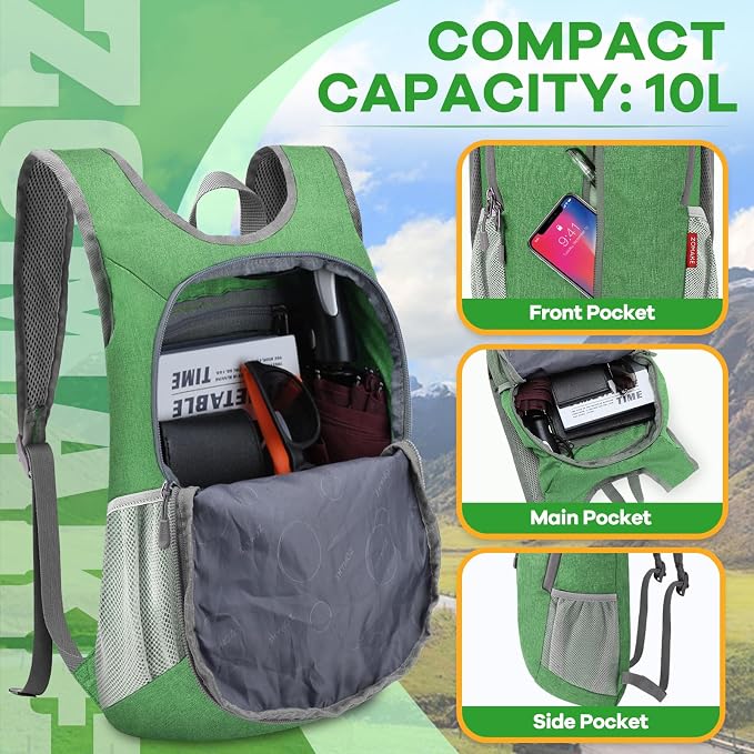 ZOMAKE Lightweight Packable Backpack, 10L Small Foldable Daypack for Hiking | Water Resistant Collapsible Backpacks for Women Men,Everyday Carry, Multi Compartment Storage,Adjustable Strap(Dark Green A1)