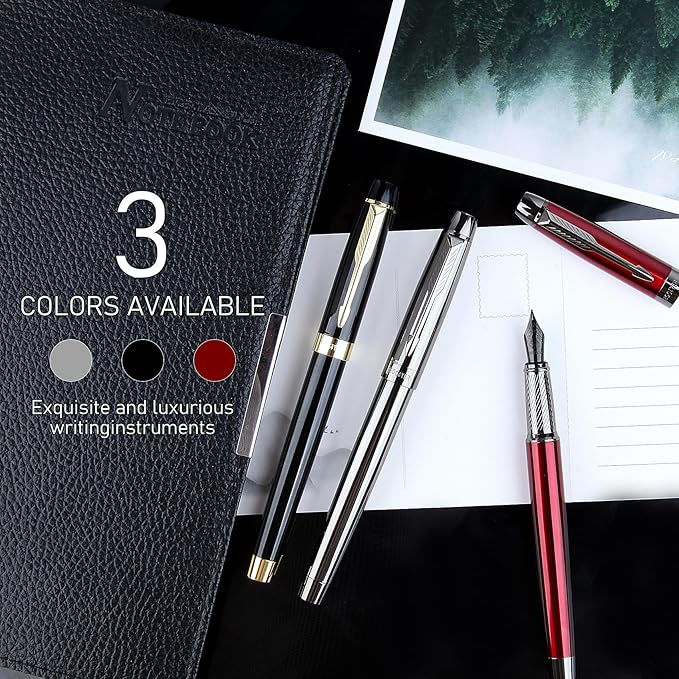 Fountain Pen with Fine Nib & Black Ink, Refillable & Elegant Bent Nib Design, Calligraphy Pens for Writing, Best Fountain Pen for Smooth & Fancy Writing (Black)