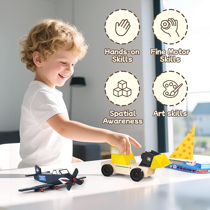 Wooden Build Paint Art Crafts Kit 3 Pack, Make Your Own Car Boat & Plane DIY Craft Toys for Kids Boys, STEM Educational Toy Set for Kids Ages 4-8, 8-12