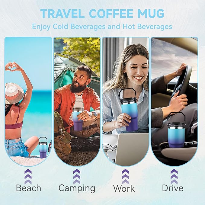 20oz Tumbler with Handle and Flip Straw Lid Double Wall Insulated Travel Coffee Mug Stainless Steel Vacuum Insulated Coffee Tumbler Cup for Hot and Cold Beverages Leak-proof&BPA-free（20oz,Blue Purple）