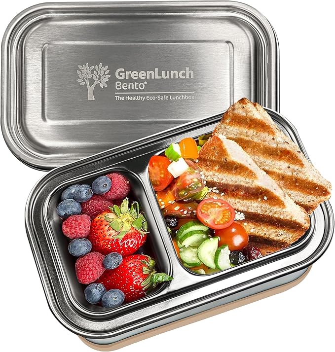 GreenLunch 2-Piece Stainless Steel Bento Box for Adults & Teens | Large 6-Cup BPA-Free Lunch Box with Removable Compartments & Snap Locks | Office, Meal Prep & Travel - Brown/Beige
