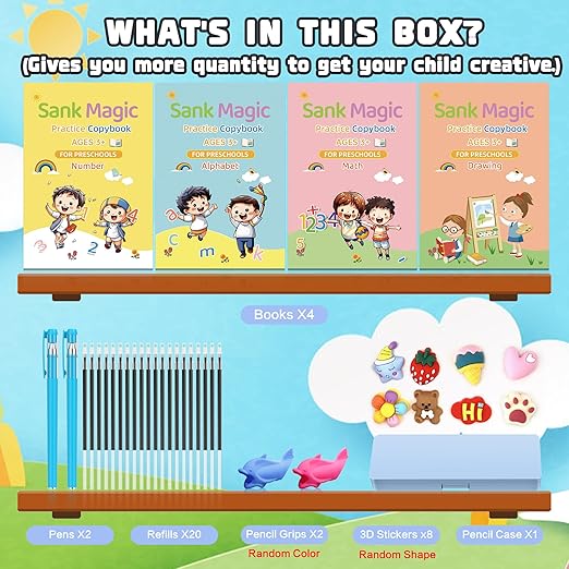 Magic Grooved Writing Practice for Kids, Grooved - 4 children's Magic Copybooks, Grooved Handwriting Practice for Kids 5-10, Preschool Learning Activities, 3 Year Old Boy Gifts for Grandkids.