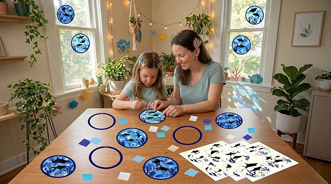 48PCS Summer Crafts: Paper Shark Suncatchers DIY Kits, Window Stained Glass Effect Art Supplies