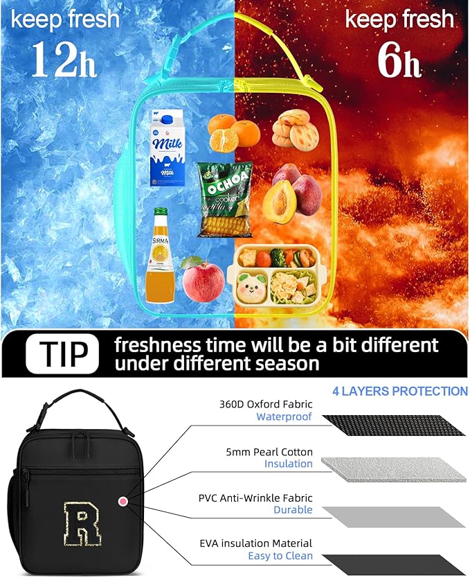 Initial Insulated Lunch Bag for Boys Kids, Back to School Gift, Reusable Leak-proof Lunch Box with Adjustable Strap for School Daycare Travel Picnic（Black，R）