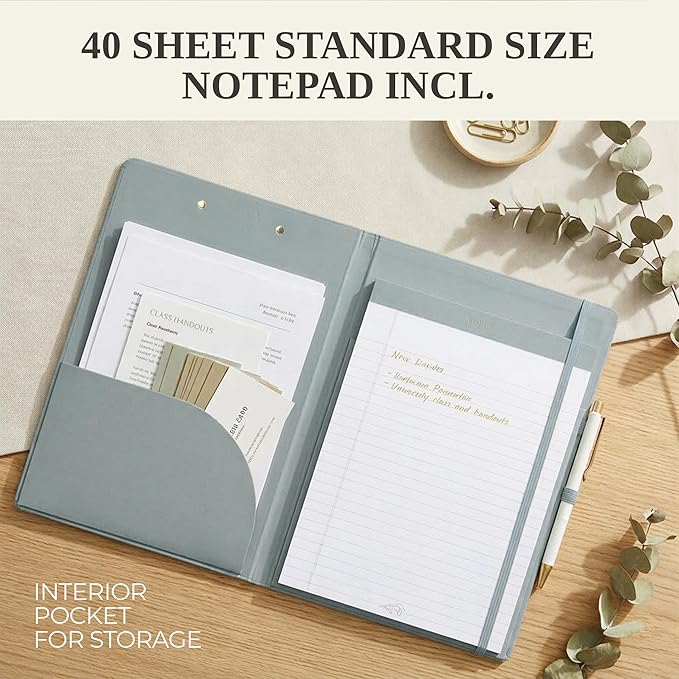 Aesthetic Clipboard Folio with Refillable Lined Notepad & Interior Pocket - Cute Padfolio/Legal Pad Holder for Women - Easily Organize Notes at Work, School, or Home