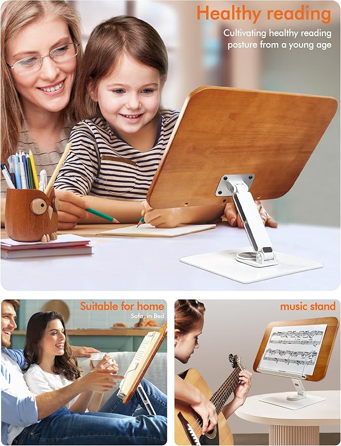 Book Stand for Reading, Adjustable Ergonomic Book Holder with 360° Rotating Base, Rubberwood Panel Cookbook Stand, Elastic Clips, for Laptop Textbooks Sheet Music Recipe Magazines Tablets.