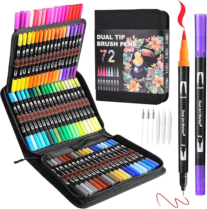 TOSHARE Art Markers Pens Dual Tip Coloring Markers Set with Brush & Fine Nib for Adult Coloring Book Brush Pens Professional Calligraphy & Drawing Art Supplies Kit for Adults (72 Colors)