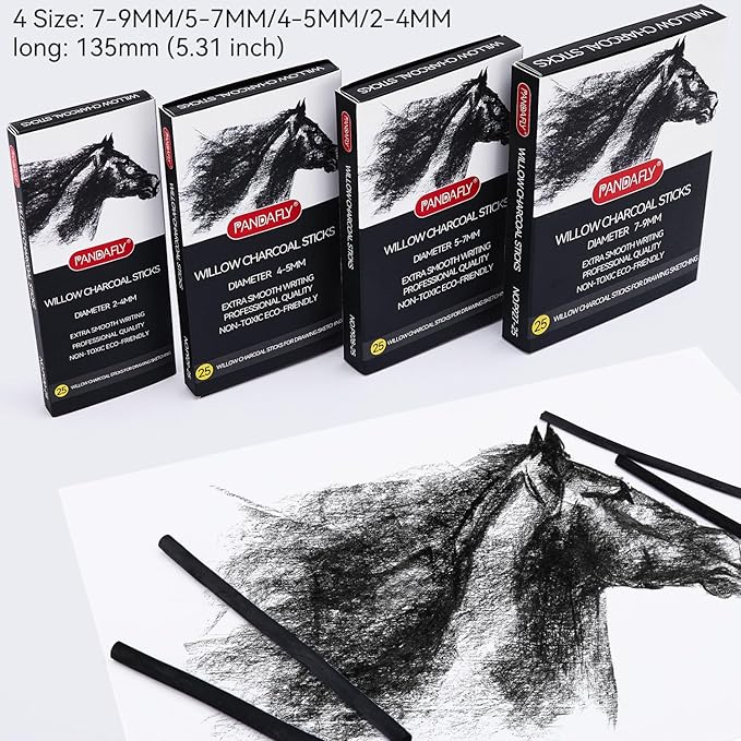 PANDAFLY Willow Charcoal Sticks, Soft, Black Artist Vine Charcoal for Artists, Beginners, Students, Great for Sketching, Drawing, Shading and Fine Art, 5-7mm, 25 Pack