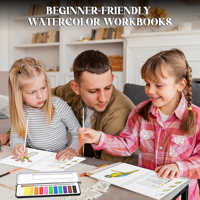 2Pcs Watercolor Workbook Beginner-Friendly Watercolor Workbook with Step by Step for Adults for Adults with 12 Colors Paint, Watercolor Paper, Beginner Watercolor Painting Kit Valentine's Day Gift