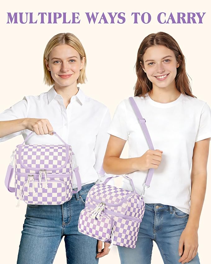 HowFly Lunch Bag for Women Insulated Lunch Boxes Corduroy Resuable Double Deck Lunch Box for Girls Teens Kigs Boys Portable Thermal Cooler Bags for School Work, Purple Checkered