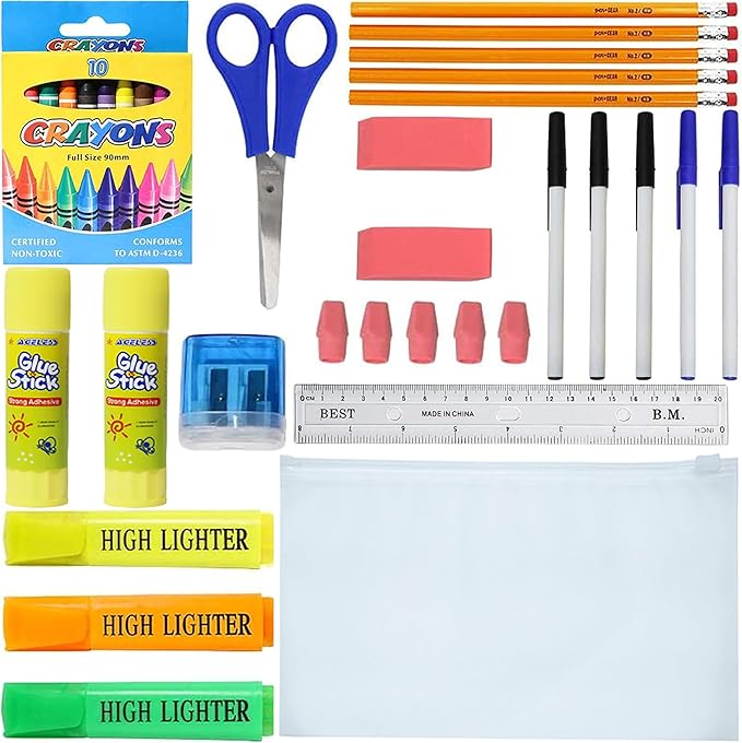 Moda West 36 Piece Bulk School Supplies Kit for K-12 - Pens, Pencils, Crayons, and More, Essential Box of School Supplies for Elementary, Middle, and High School Students