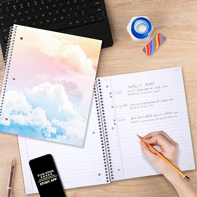 Five Star Spiral Notebook + Study App, 1 Subject, Wide Ruled Paper, 8" x 10-1/2", 80 Sheets, Clouds, 4 Pack (930294F)