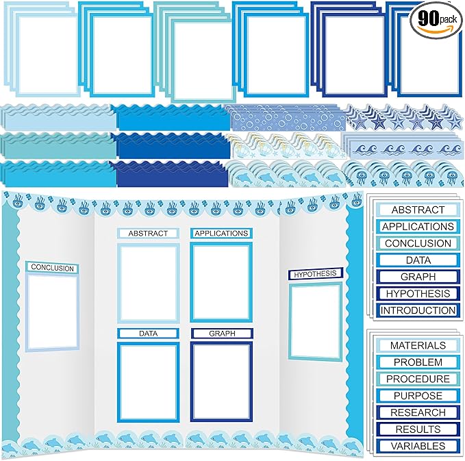 Fuyoooo 90 Pcs Science Fair Board Supplies 60 Trim Scalloped Bulletin Borders 24 Presentation Board Subtitles 6 Science Fair Titles for Classroom Display Boards (Ocean)