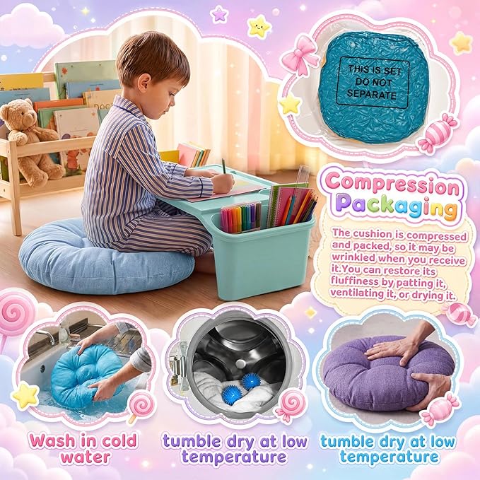Supervitae 16 Pcs Kids' Lap Desk and Classroom Floor Cushions Set, Including Stackable Lap Tray 19.7 x 14.8 x 7.7'' & Floor Pillow 16'' for Classroom Kindergarten Daycare Nursery (Light Colors)