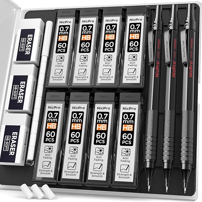 Nicpro 0.7 mm Mechanical Pencil Set with Case, 3 Metal Artist Pencil With 8 Tube HB Lead Refills, 3 Erasers, 9 Eraser Refills, Black Drafting Pencil for Writing, Drawing, Engineering, Sketching