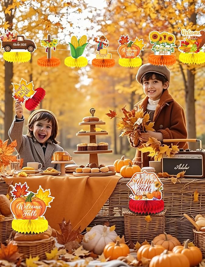Fall Table Decorations - 9Pcs Fall Centerpieces for Tables Autumn Honeycomb Centerpieces 3D Pumpkin Maple Leaf Table Topper for Friendsgiving Harvest Birthday Thanksgiving Party Decorations