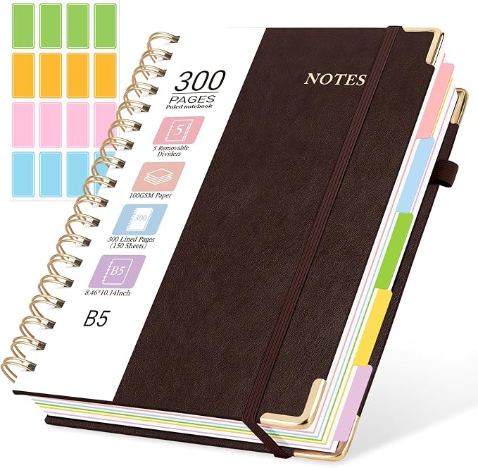 Hardcover Spiral Journal Notebook, 300 Pages 5 Subject Notebook College Ruled with Removable Dividers Tabs, 8" x 10" Notebooks for Work, Spiral Ruled Lined Writing Journal Hardcover Leather Notebook for School (Brown, 8''x 10'')