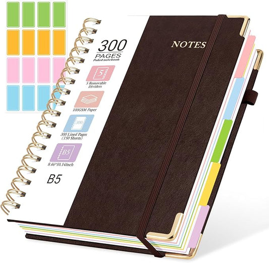 Hardcover Spiral Journal Notebook, 300 Pages 5 Subject Notebook College Ruled with Removable Dividers Tabs, 8" x 10" Notebooks for Work, Spiral Ruled Lined Writing Journal Hardcover Leather Notebook for School (Brown, 8''x 10'')