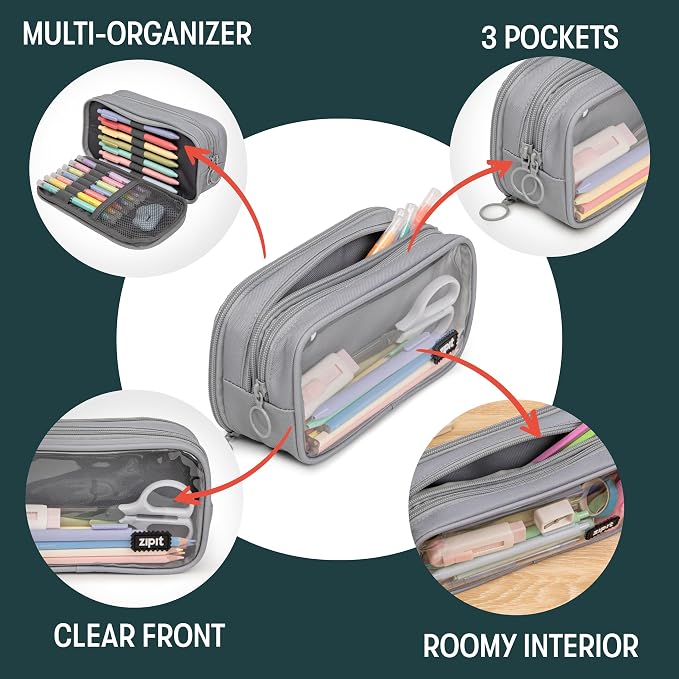 ZIPIT Half & Half Pencil Case, 3-Compartment Aesthetic Zipper Pouch, Grey | Clear-front pencil case for school, dedicated organizer panels, holds up to 70 pens & pencils, durable easy-care polyester