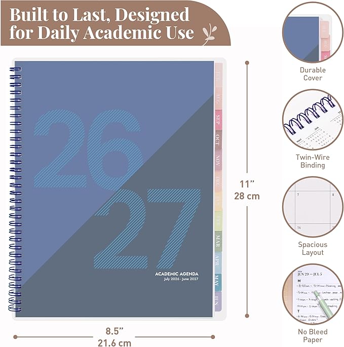 Rileys Academic Planner 2026-2027, Daily, Weekly & Monthly Planner, July 2026 - June 2027, Student Notes Pages, Twin-Wire Binding, Weekly Agenda for School & Work (8.5 x 11-Inches, Geographic, Blue)