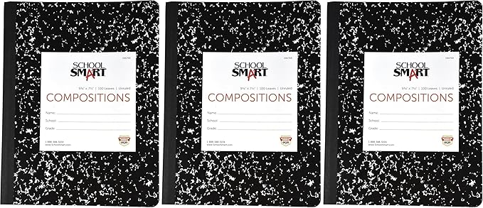 School Smart Hard Cover Composition Book, Unruled, 9-3/4 x 7-1/2 Inches, 100 Sheets (Pack of 3)