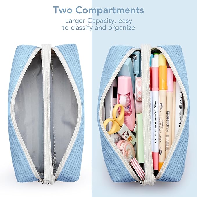 KALIDI Large Pencil Case Corduroy Pencil Pouch Box Cute School Supplies for Teen Girls Boys, Blue