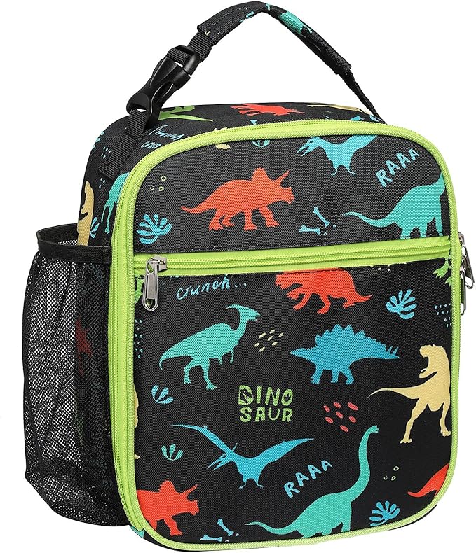 Bagseri Kids Lunch Box for Boys - Insulated Toddler Lunch Bag Fits Bento Box, Reusable Daycare Cooler Tote with Clip Handle, Water-Resistant Lining, Black Dinosaur